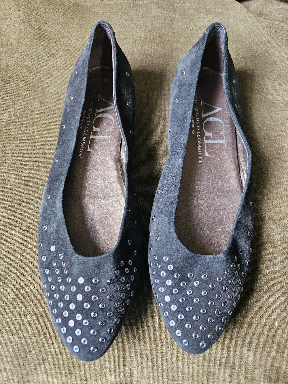 AGL Black Suede Studded Pointed-Toe Ballet Flats